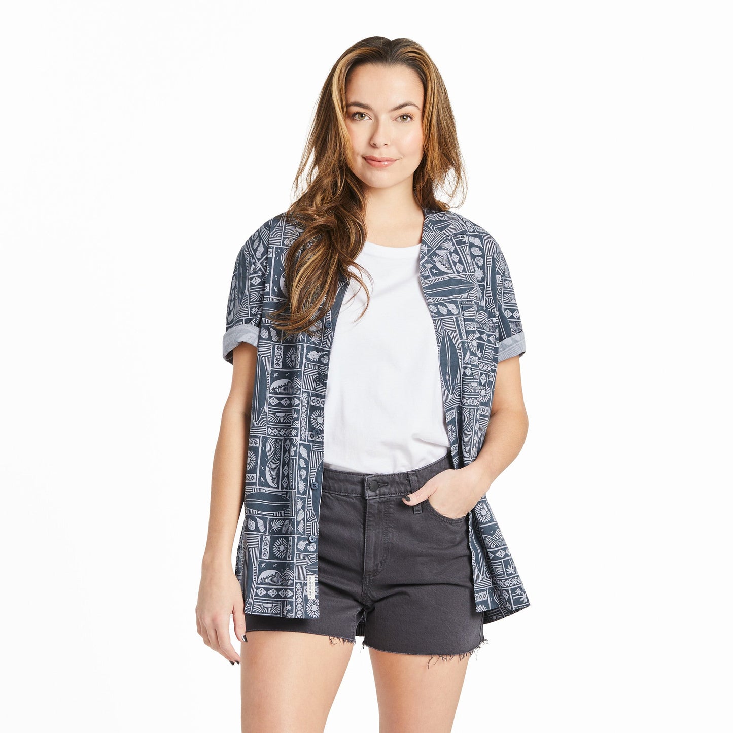 Men's Beach Woodblock Pattern Camp Shirt