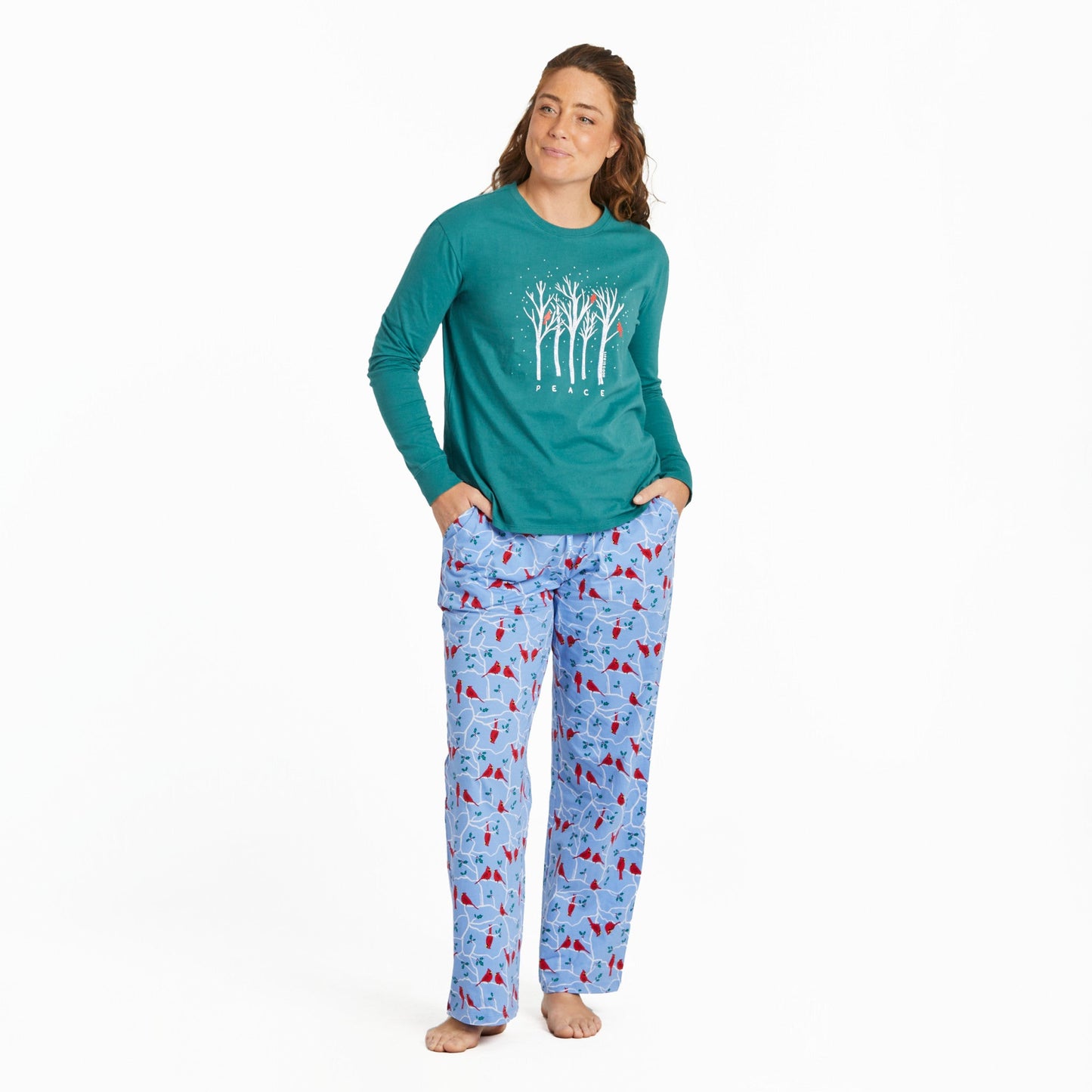 Women's Peaceful Cardinal Forest Long Sleeve Snuggle Up Relaxed Sleep Tee