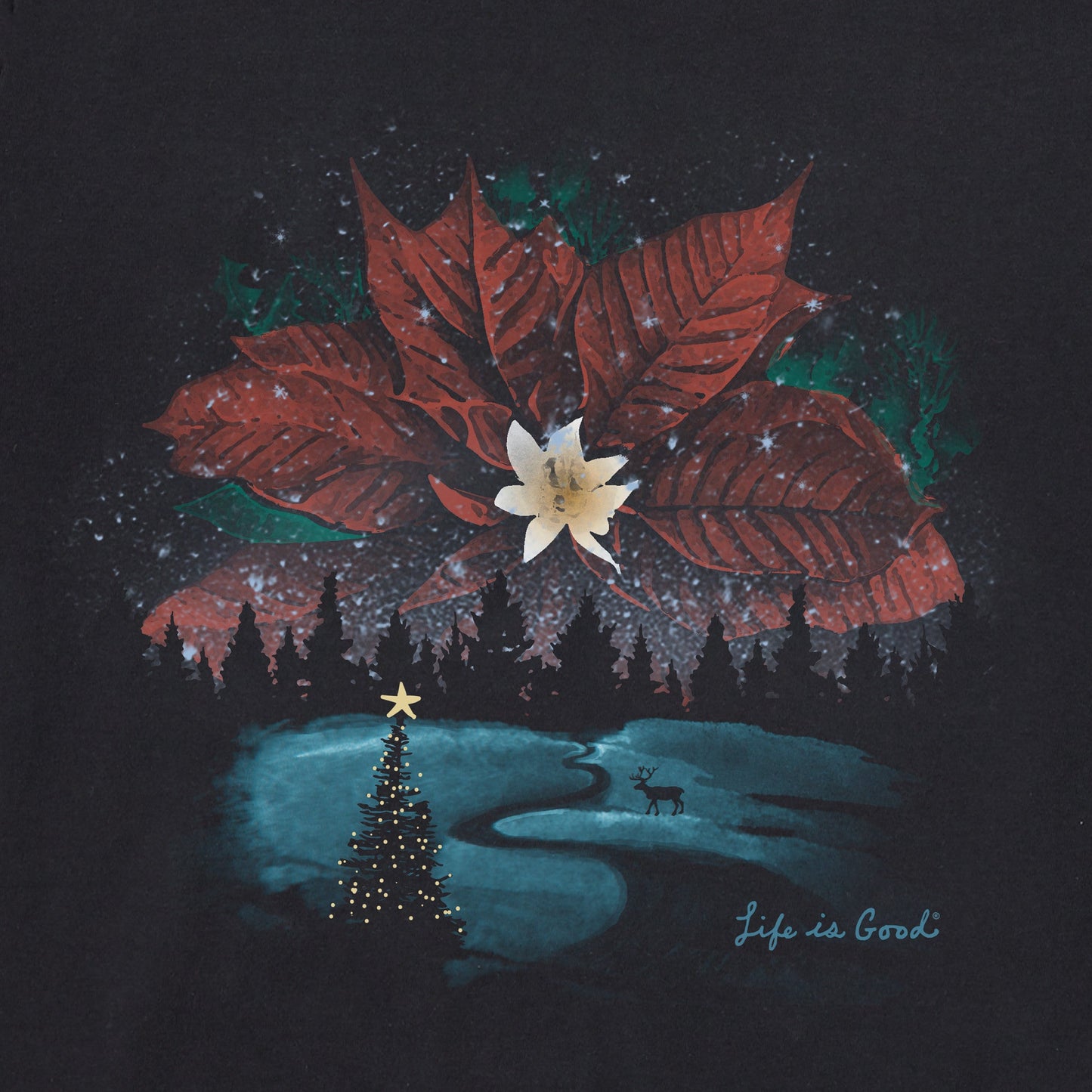Women's Poinsettia Christmas Macro Long Sleeve Crusher Tee