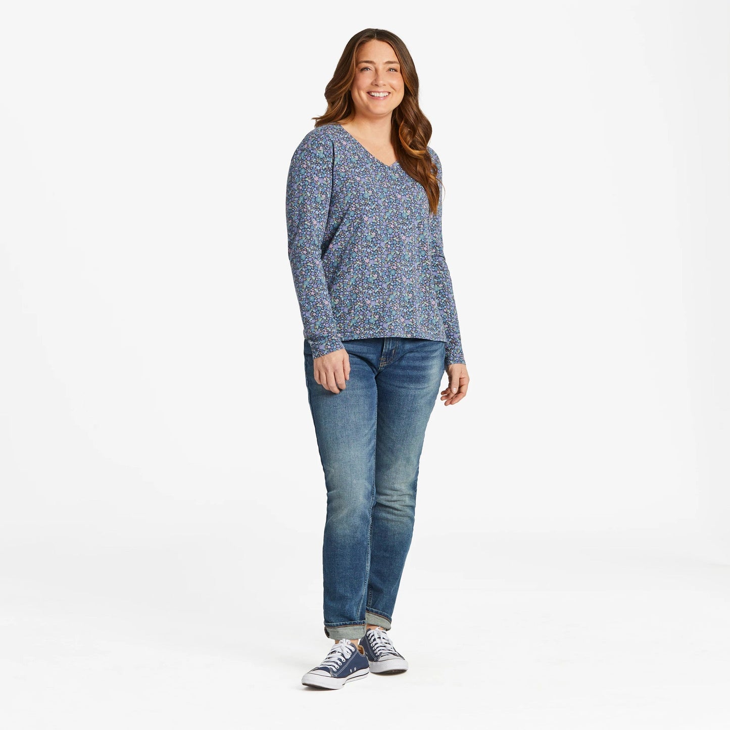 Women's Ditsy Floral Pattern Long-Sleeve Crusher-LITE Easy Vee