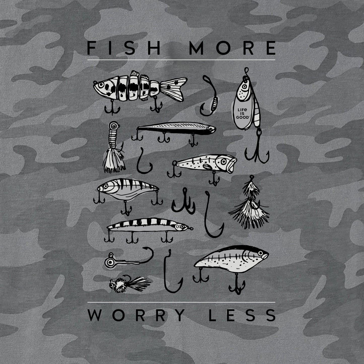 Men's Fish More Worry Less Hooks and Tackle Short Sleeve Allover Printed Crusher Tee