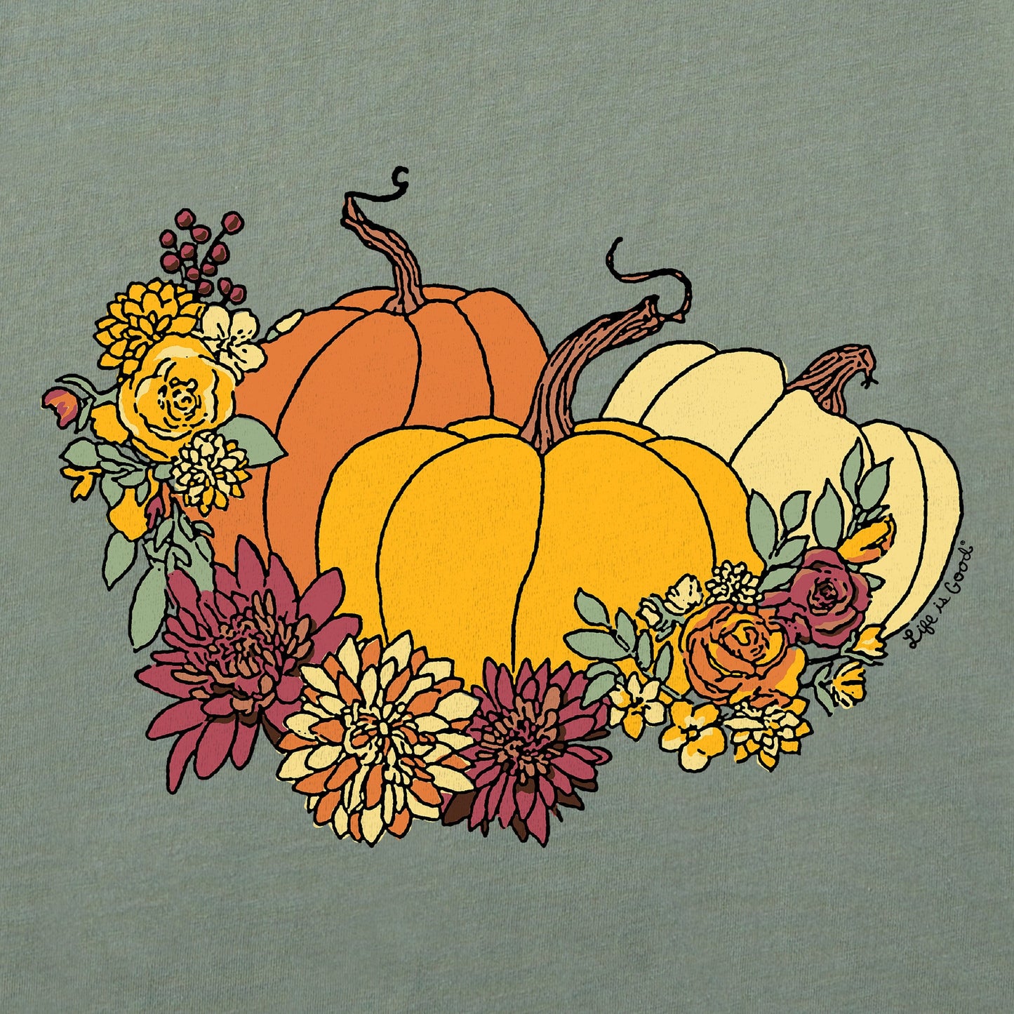 Women's Pumpkin and Flowers Short Sleeve Crusher Vee