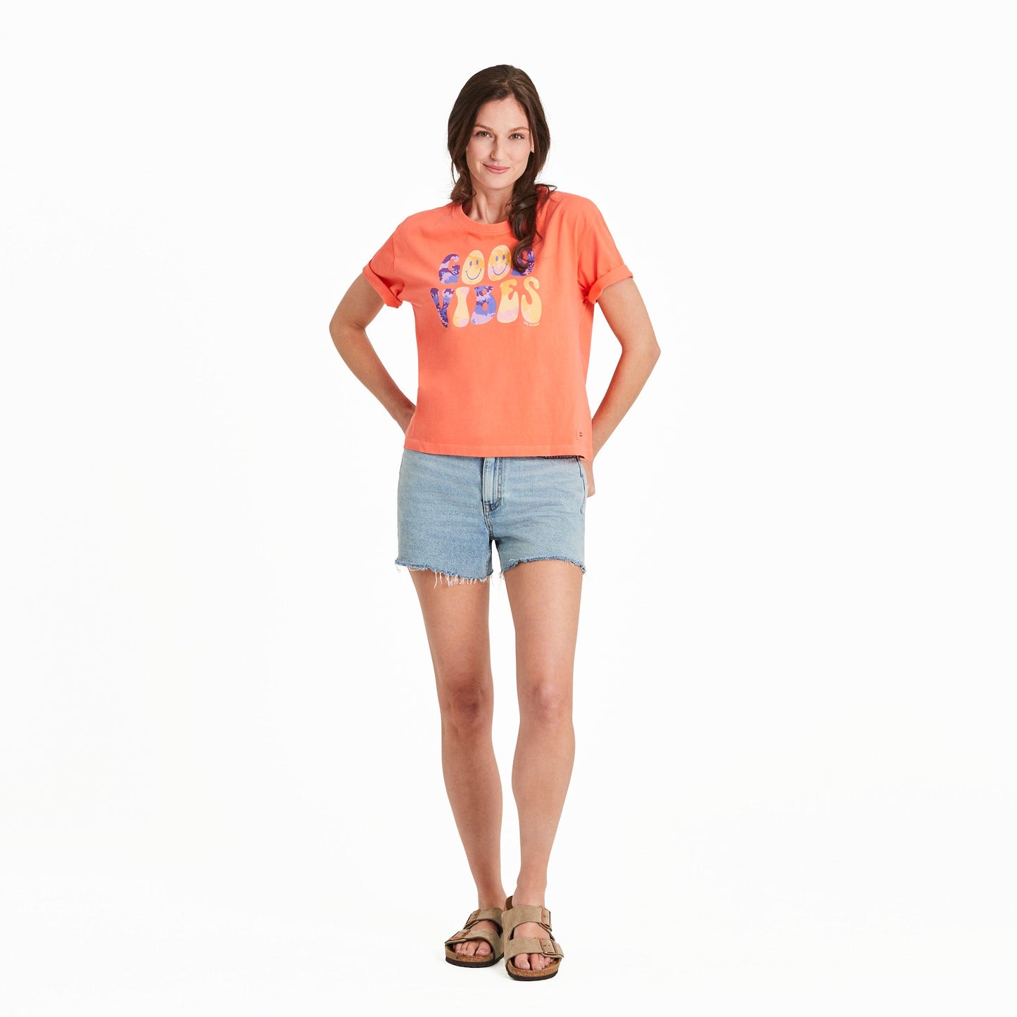 Women's Tie Dye Good Vibes Happy Face Short Sleeve Crusher Boxy Tee
