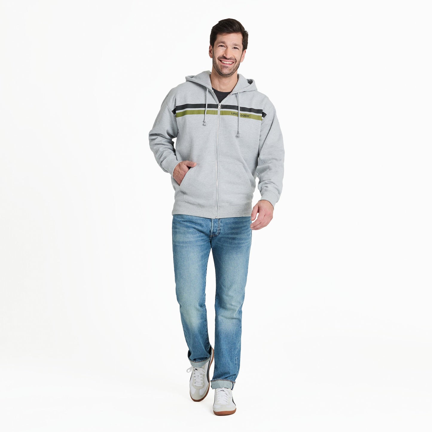 Men's Two Stripe Block Good Vibes Fleece Zip Hoodie