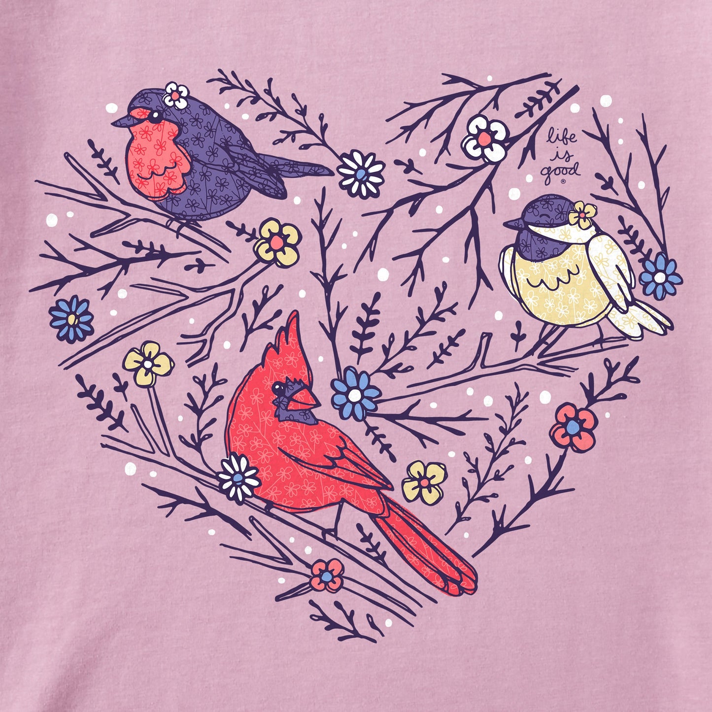 Women's Cute Winter Bird Heart Short Sleeve Crusher Vee
