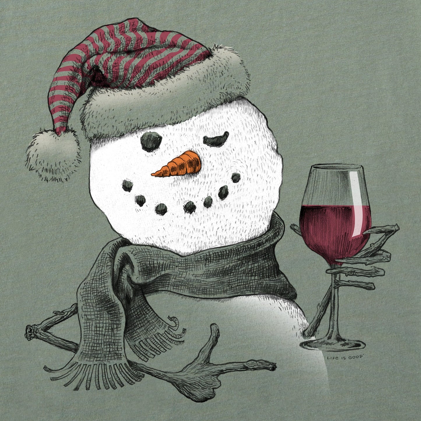 Men's Snowman w Red Wine Long Sleeve Crusher Tee