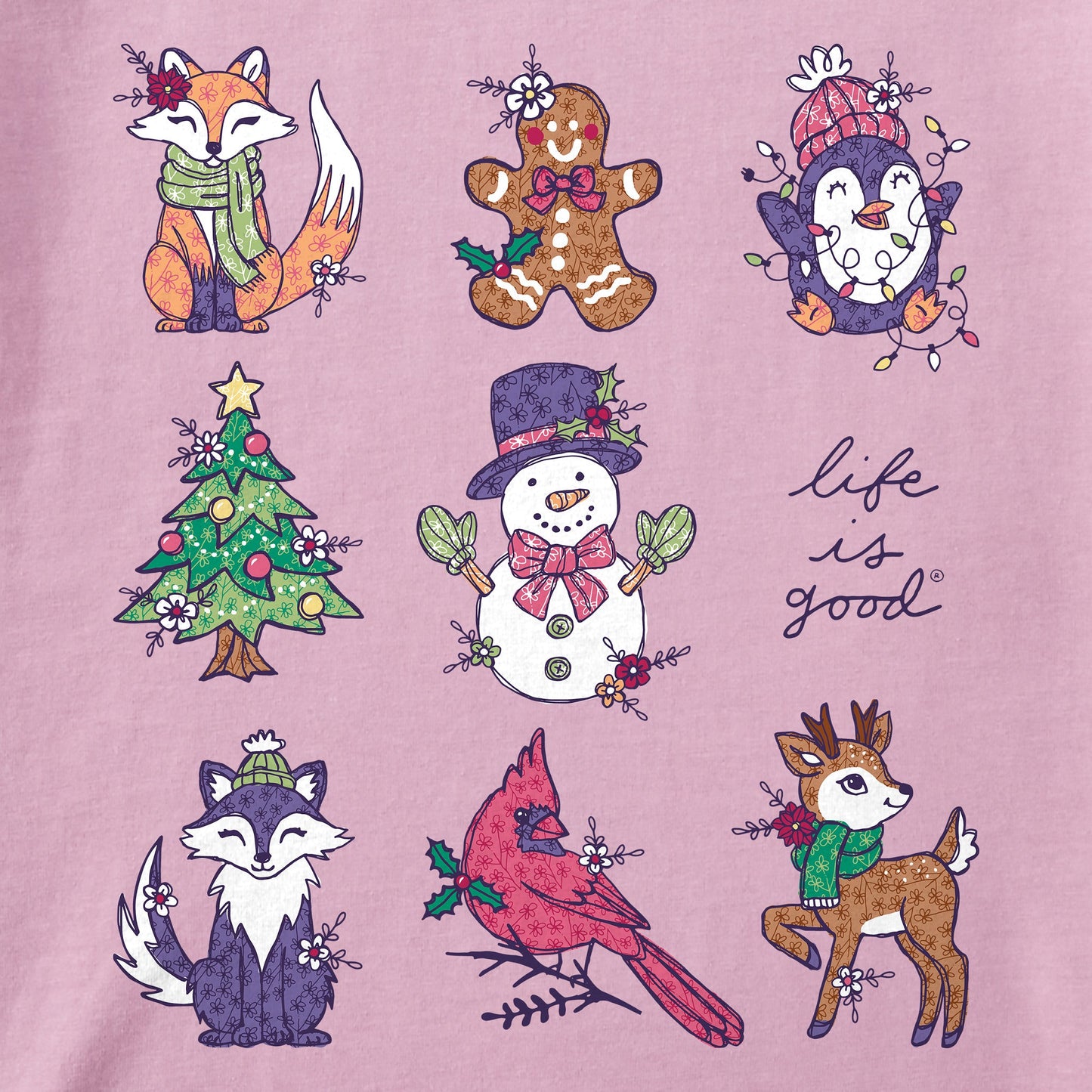 Women's Xmas Animals Grid Long Sleeve Crusher Tee