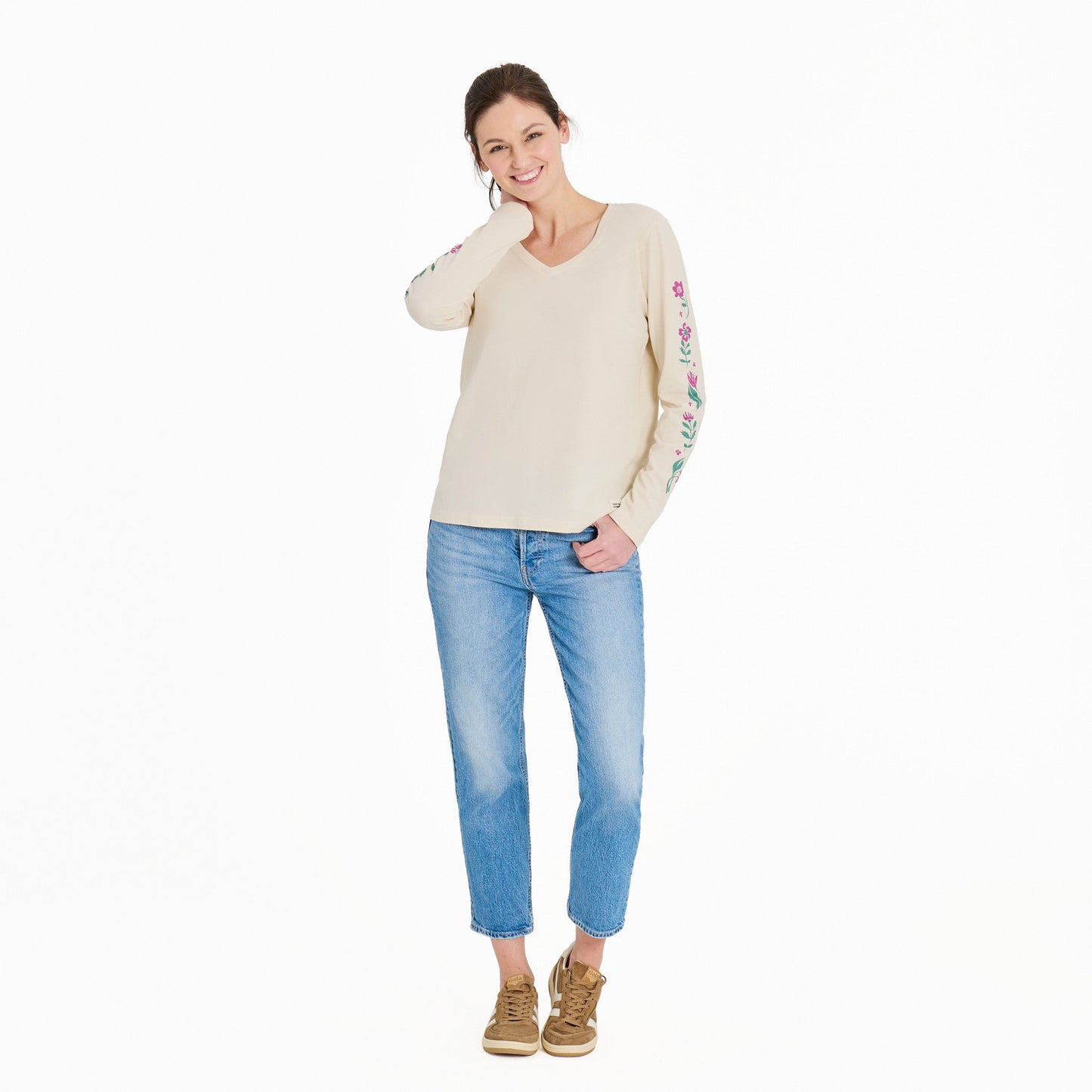 Women's Woodblock Florals Long Sleeve Crusher-LITE Vee