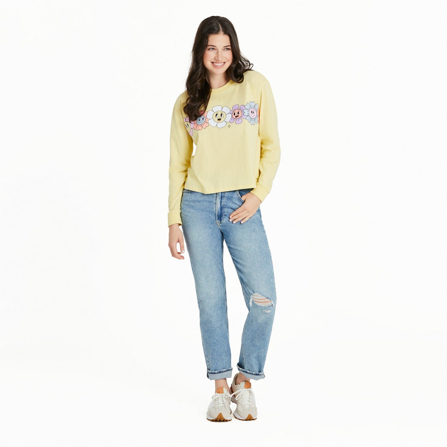 Women's Happy Go Lucky Flowers Long Sleeve Crusher Boxy Tee