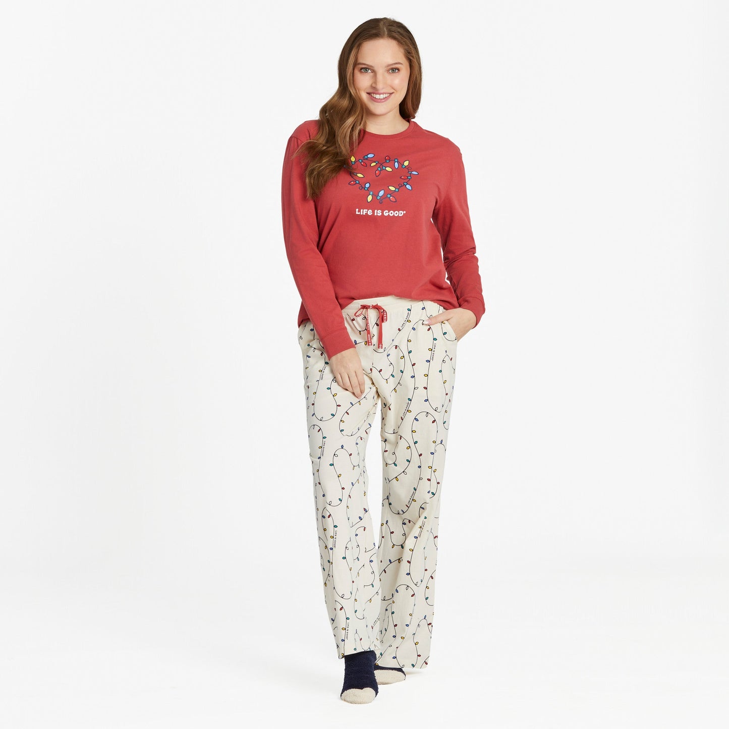 Women's Holiday Lights Heart Long Sleeve Snuggle Up Relaxed Sleep Tee