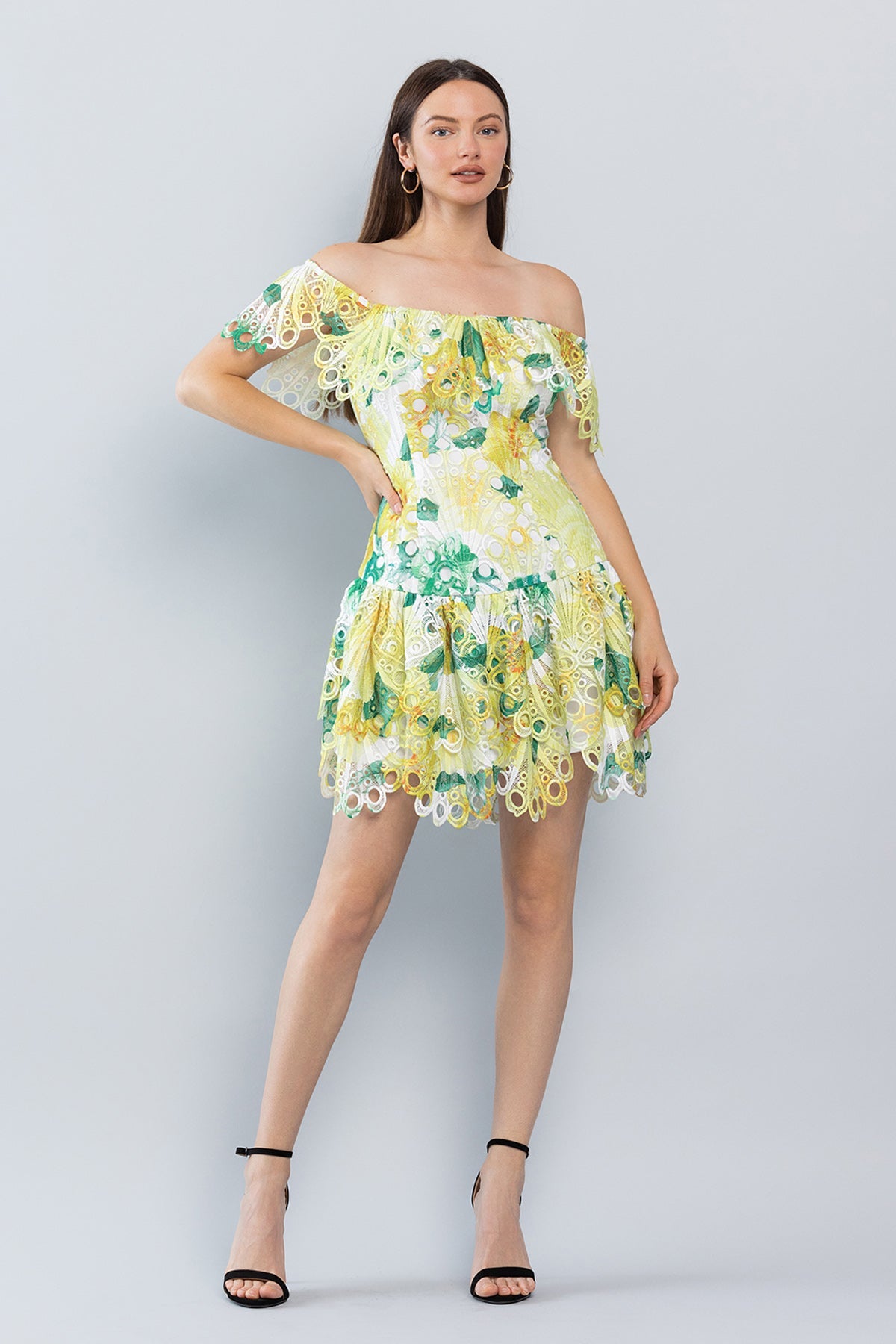 Short Off Shoulder Printed Lace Dress