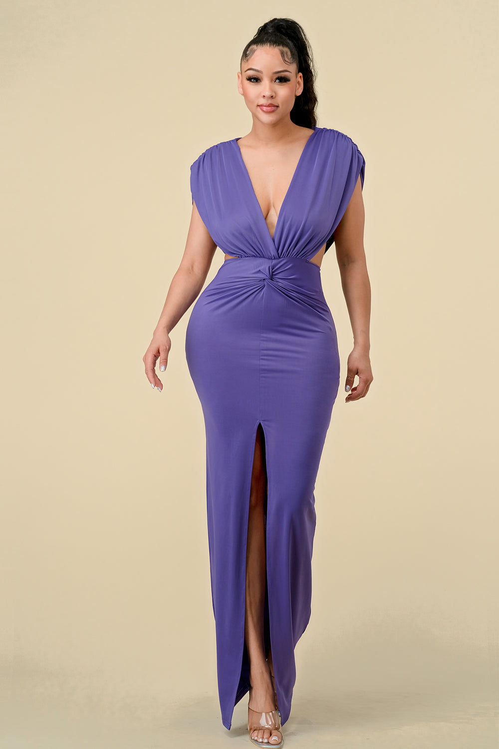 Long V Neck Waist Twisted Dress
