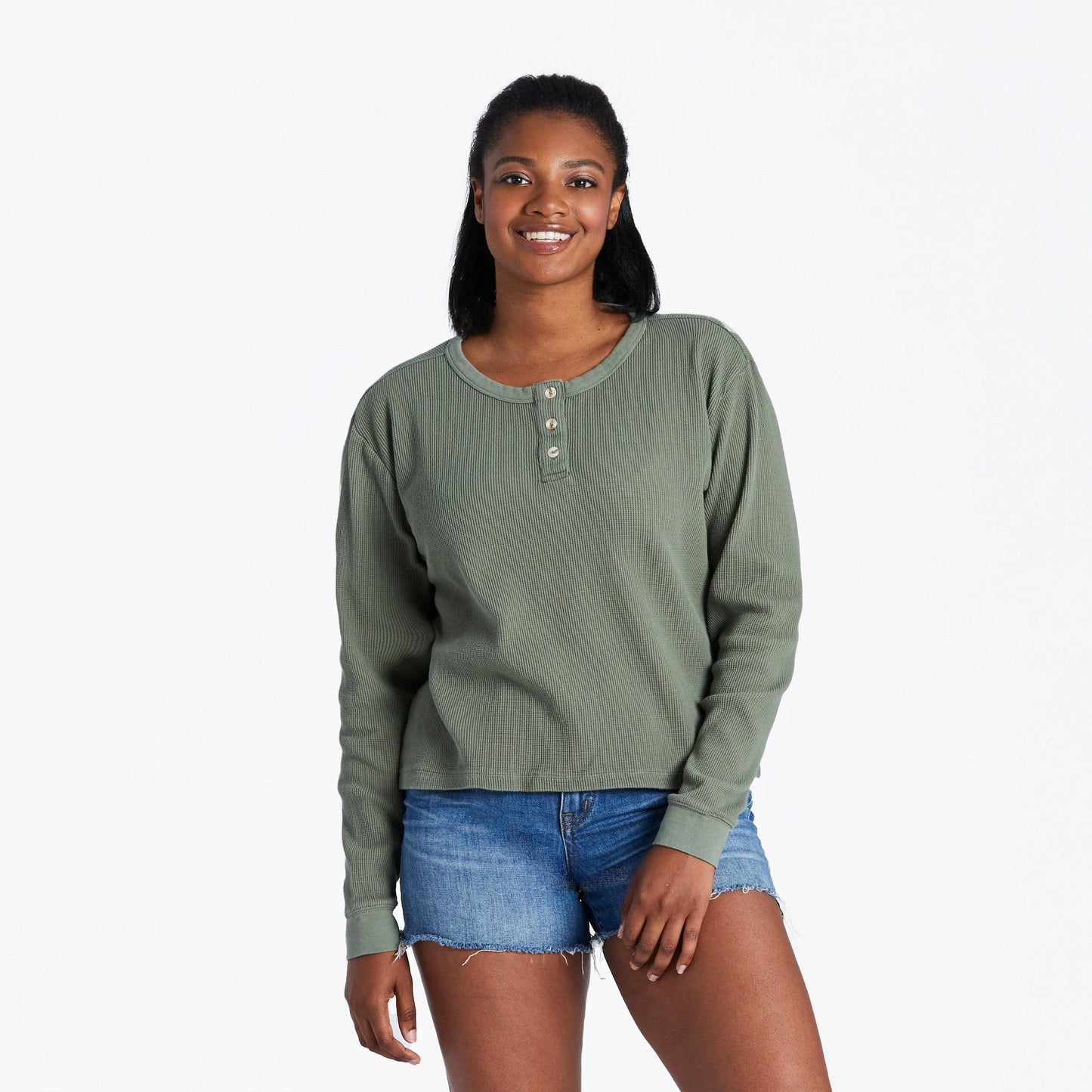 Women's Solid Thermal Boxy Henley