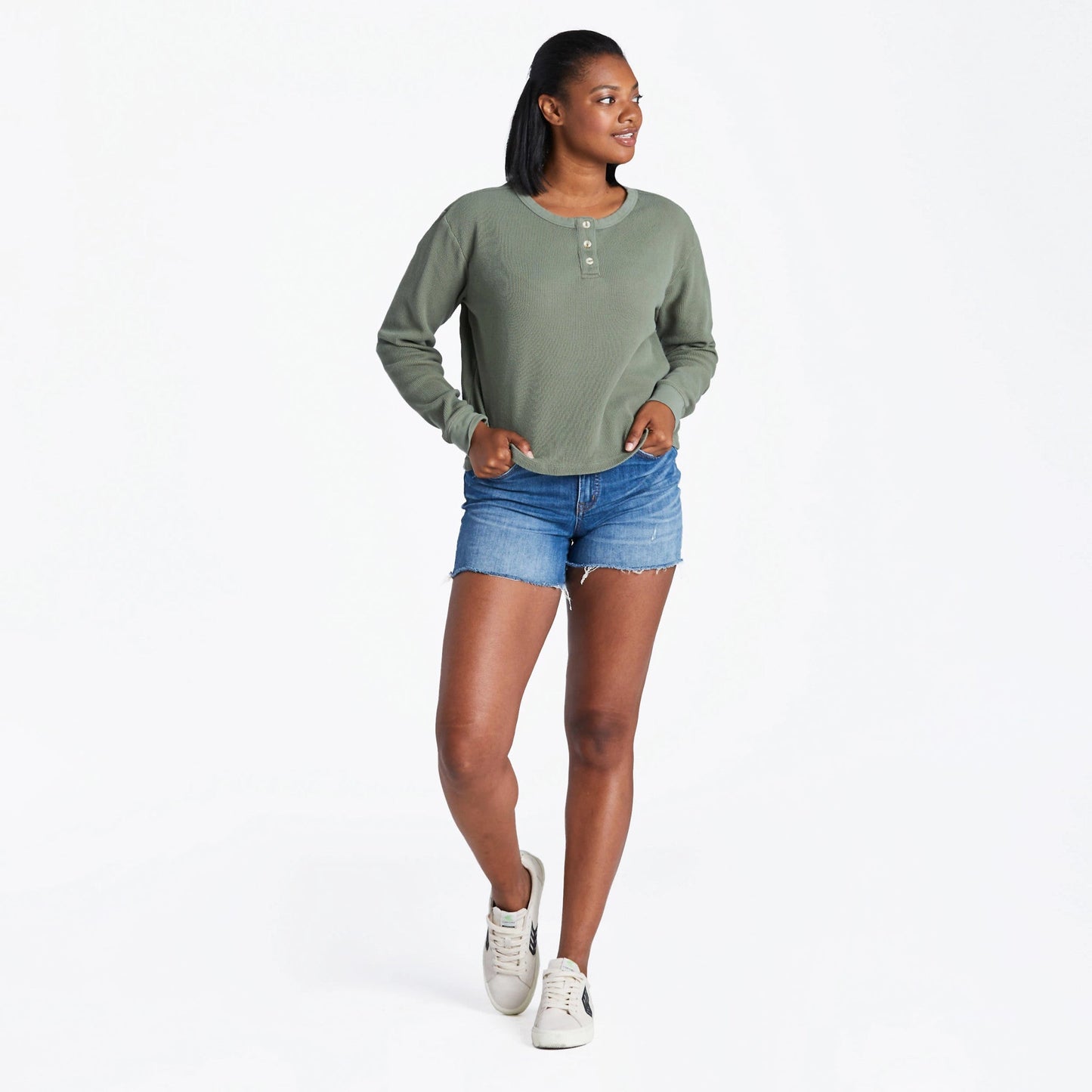 Women's Solid Thermal Boxy Henley