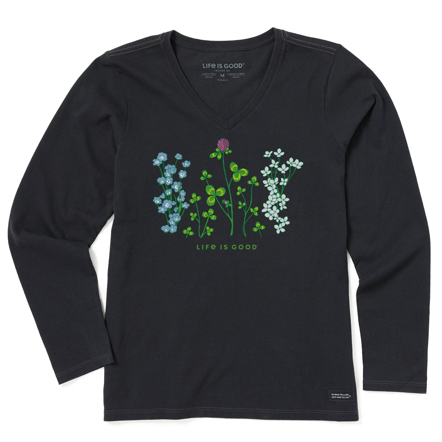 Women's Detailed Clovers and Wildflowers Long Sleeve Crusher Vee