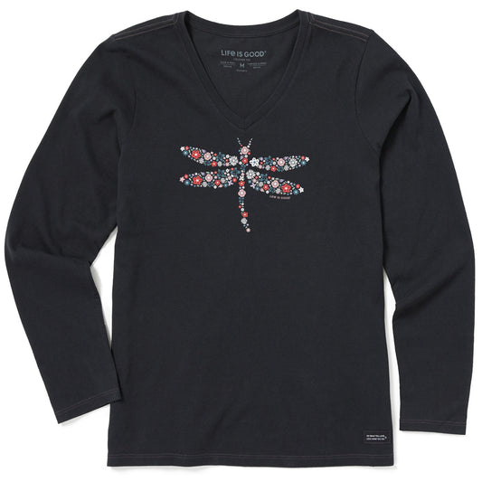 Women's Dragonfly Flowers Long Sleeve Crusher Vee