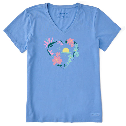Women's Beach Flowers Short Sleeve Crusher Vee