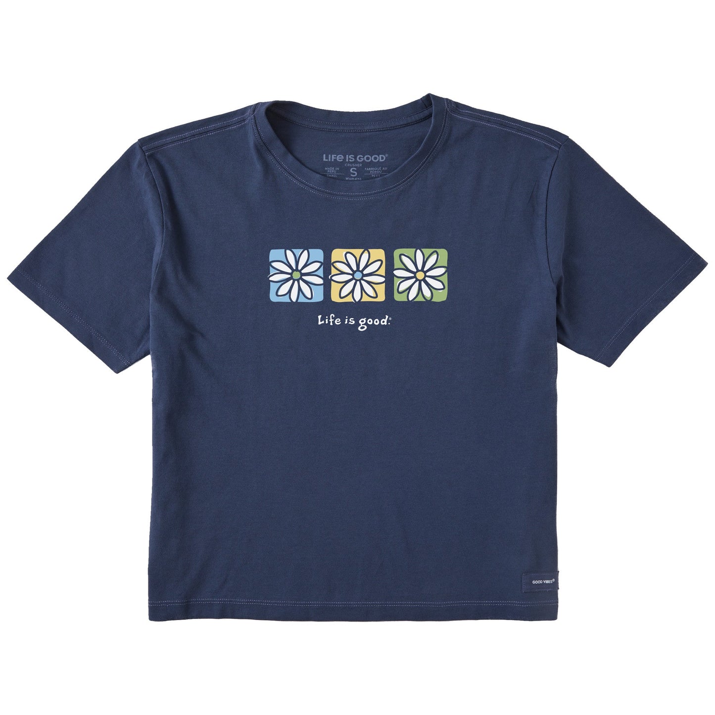 Women's Three Boxed Daisies Short Sleeve Crusher Boxy Tee