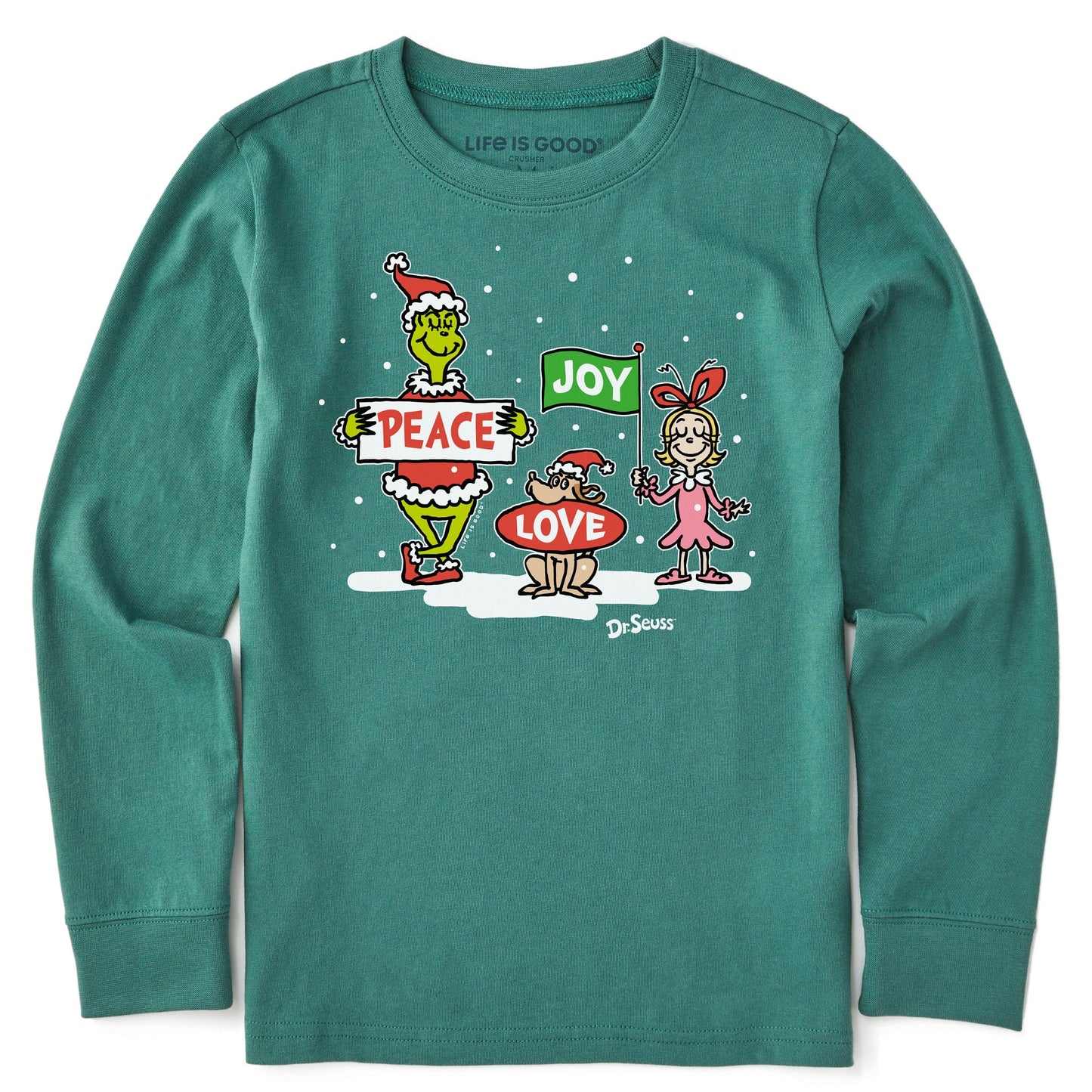 Kids Grinch Peace Love Joy Long Sleeve Crusher Tee