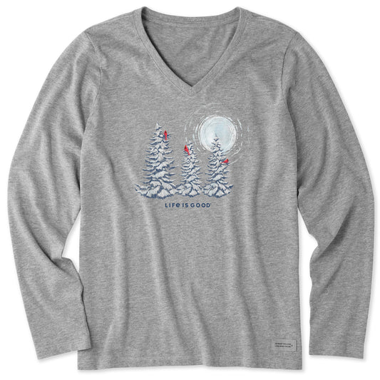 Women's Snowy Pines with Cardinals Long Sleeve Crusher Vee