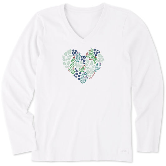 Women's Winter Flowers Heart Long Sleeve Crusher Vee