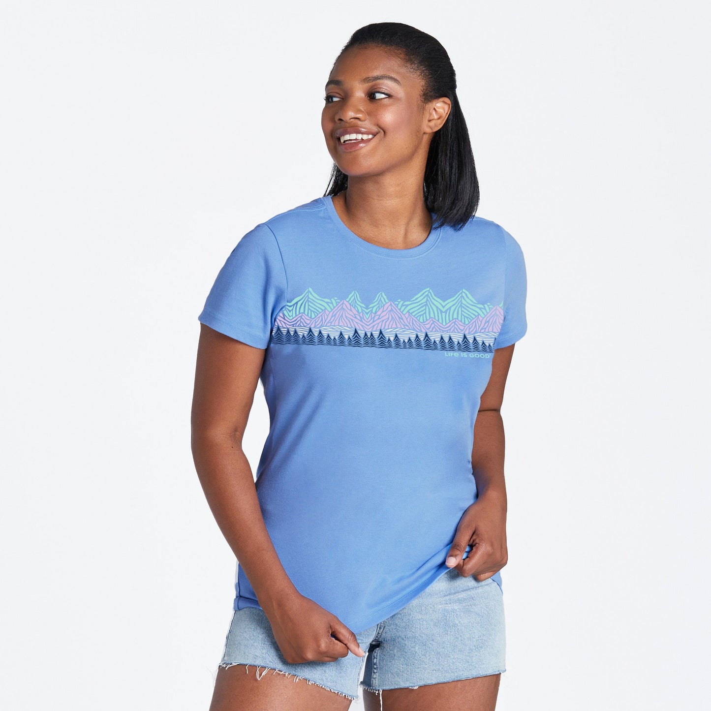 Women's Woodblock Mountain Scene Short Sleeve Crusher Tee