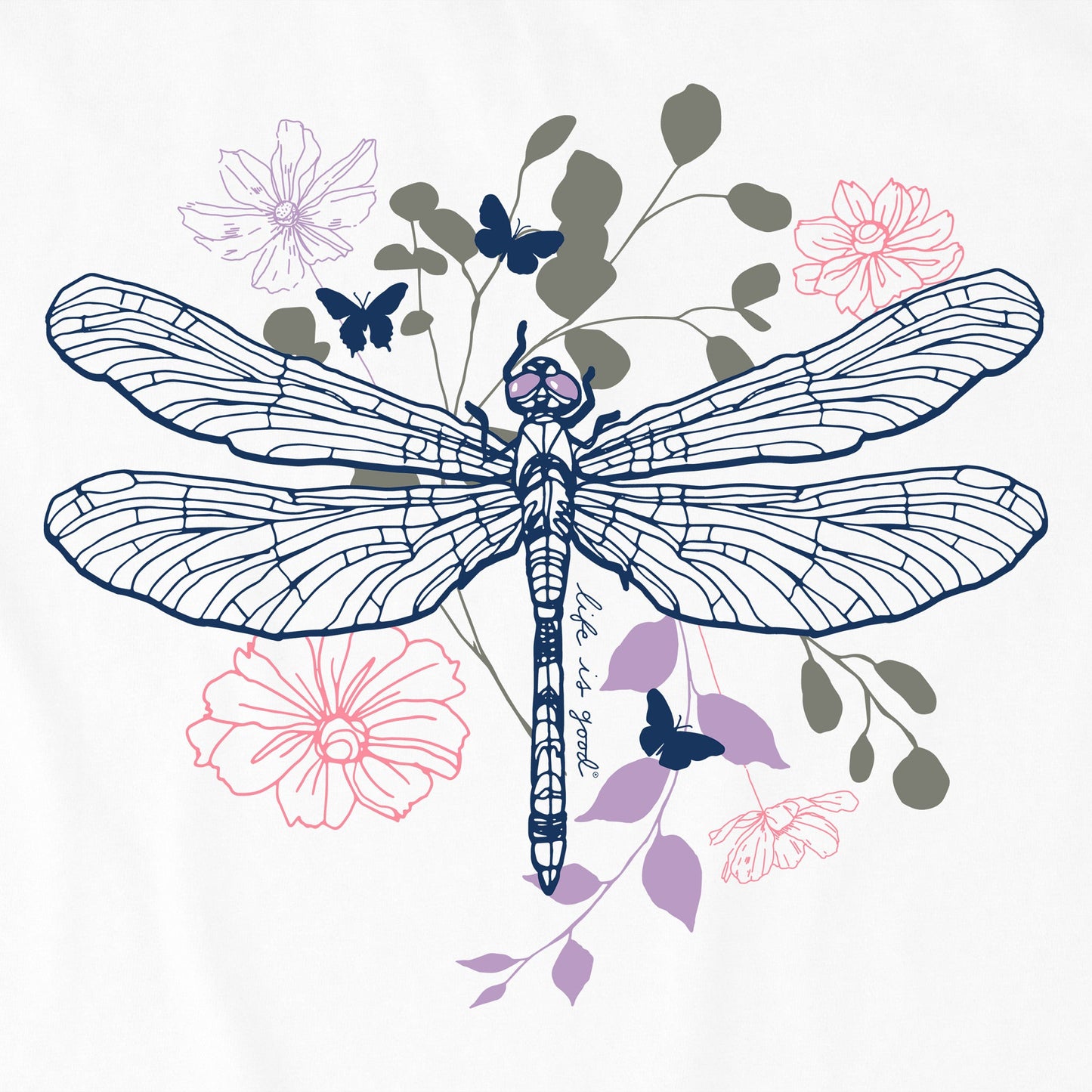 Women's Floral Backdrop Dragonfly Short Sleeve Tee