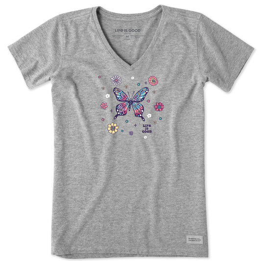 Women's Tie Dye Retro Butterfly Flowers Short Sleeve Crusher-LITE Vee