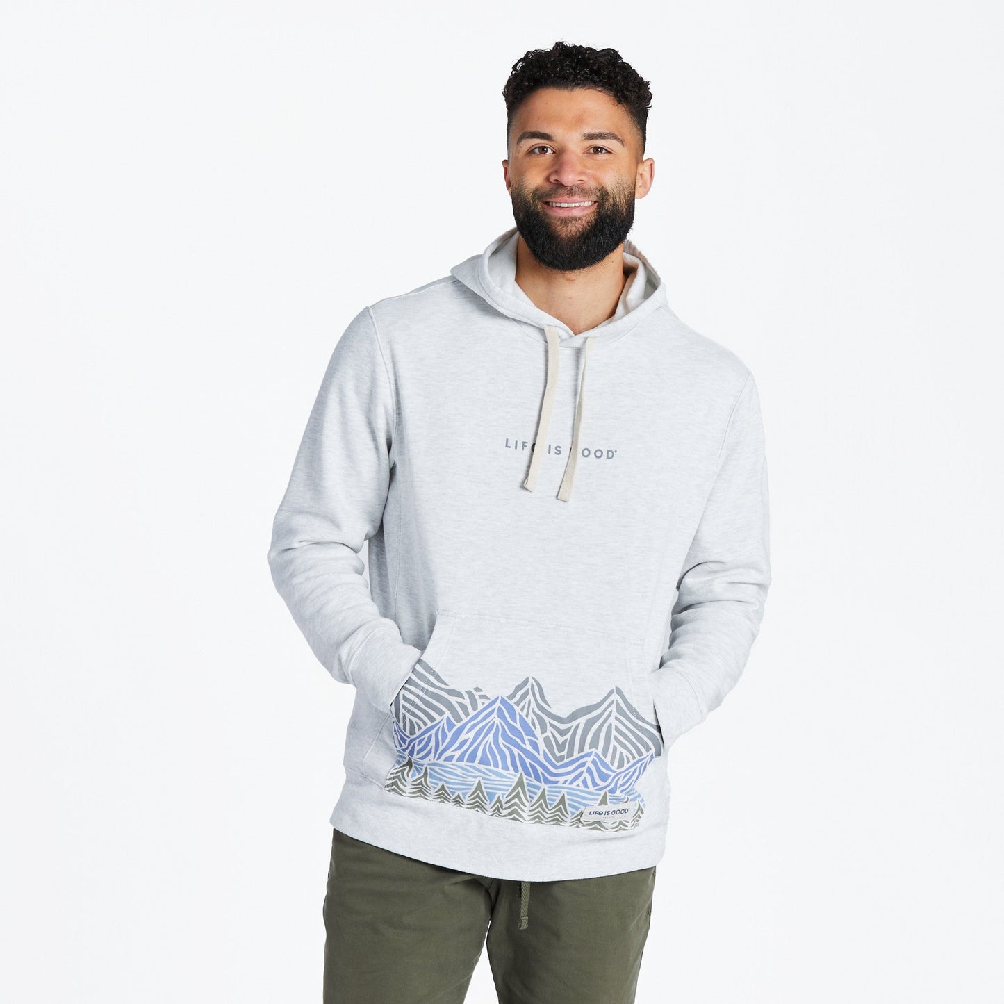 Men's Woodblock Mountain Scene Simply True Fleece Hoodie