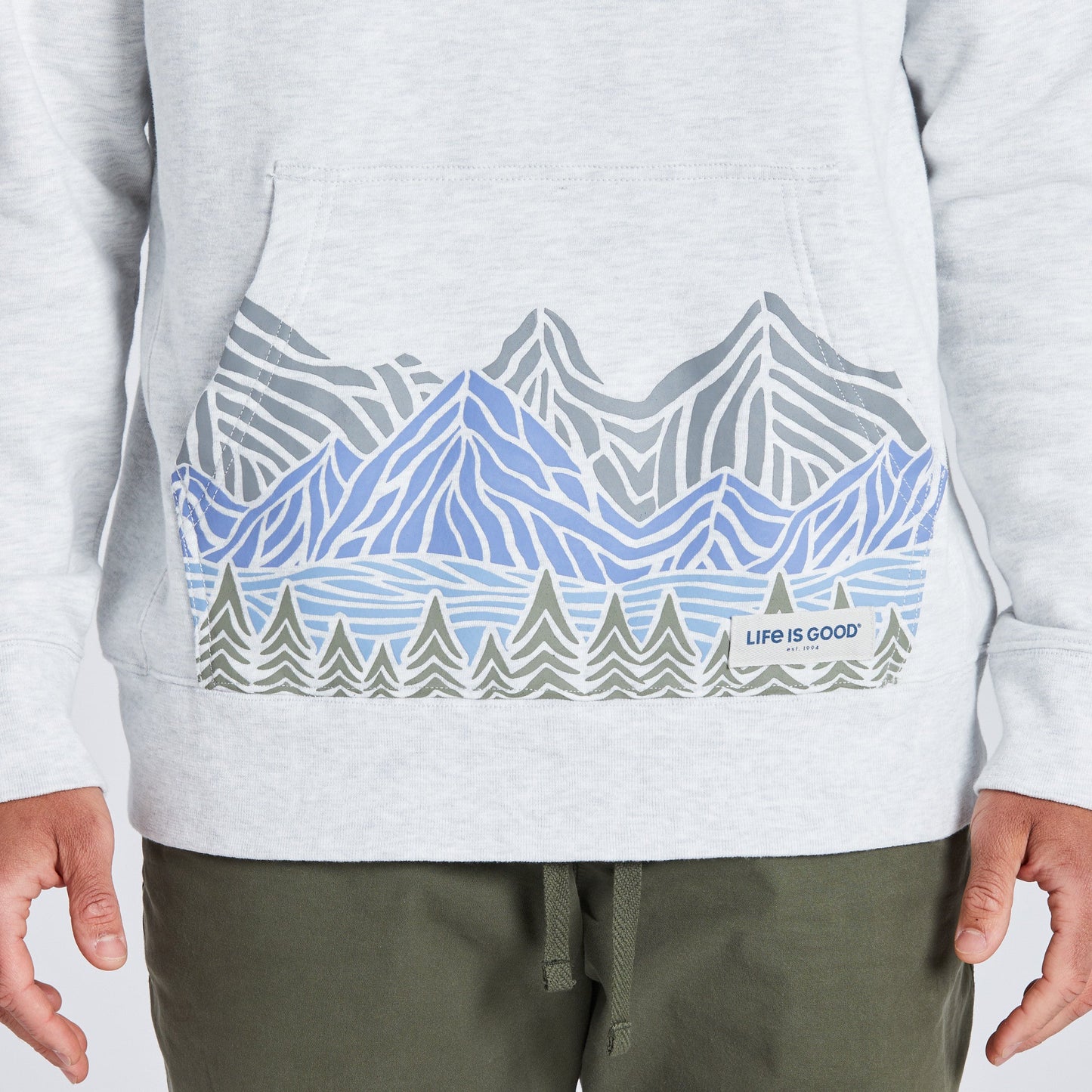 Men's Woodblock Mountain Scene Simply True Fleece Hoodie