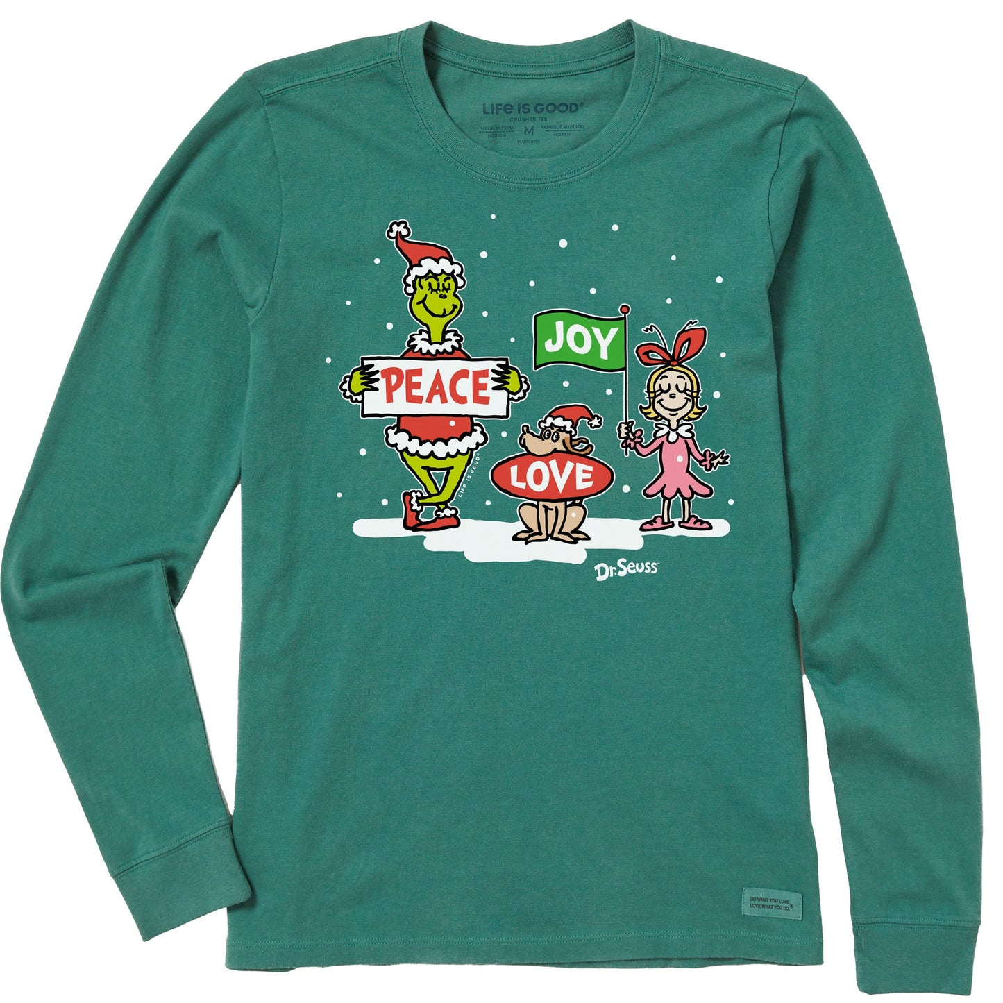 Women's Grinch Peace Love Joy Long Sleeve Crusher Tee