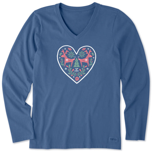 Women's Folk Winter Heart Long Sleeve Crusher Vee