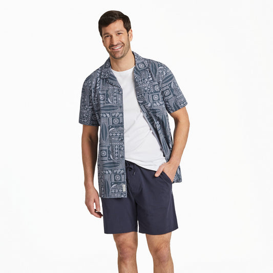 Men's Beach Woodblock Pattern Camp Shirt