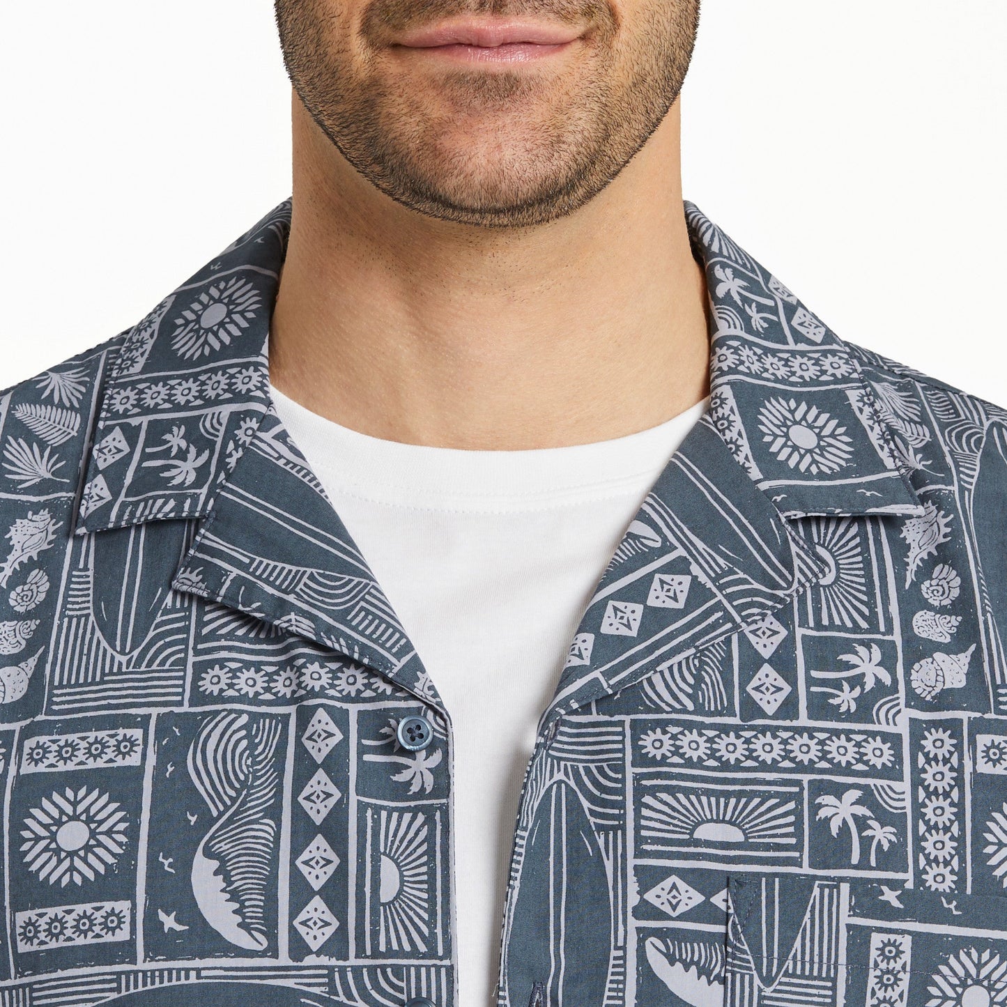 Men's Beach Woodblock Pattern Camp Shirt