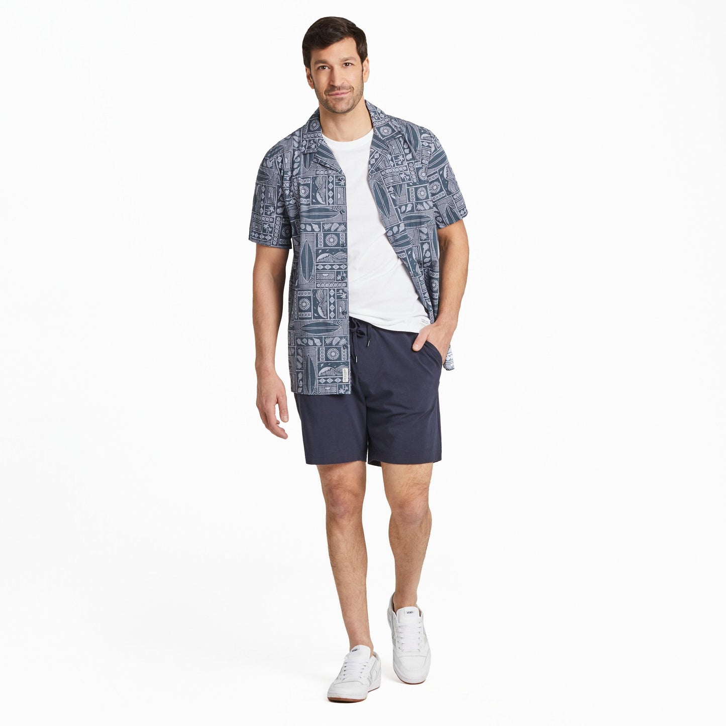 Men's Beach Woodblock Pattern Camp Shirt