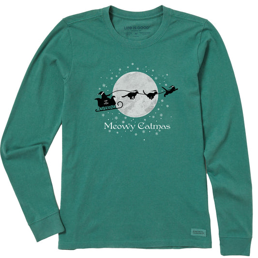 Women's Santa's Sleigh Cats Long Sleeve Crusher Tee