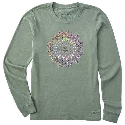 Women's Tie Dye Butterfly Daisy Mandala Long Sleeve Crusher Tee