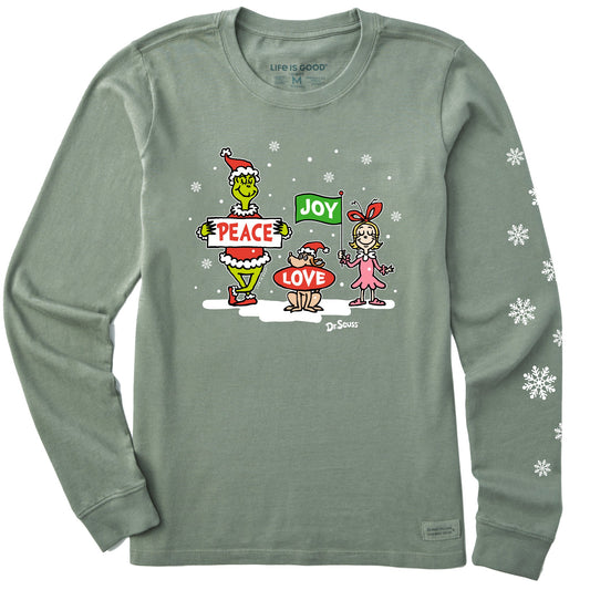 Women's Grinch Peace Love Joy Snow Long Sleeve Crusher Tee