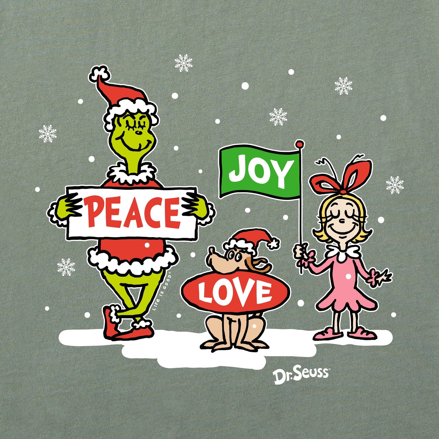 Women's Grinch Peace Love Joy Snow Long Sleeve Crusher Tee