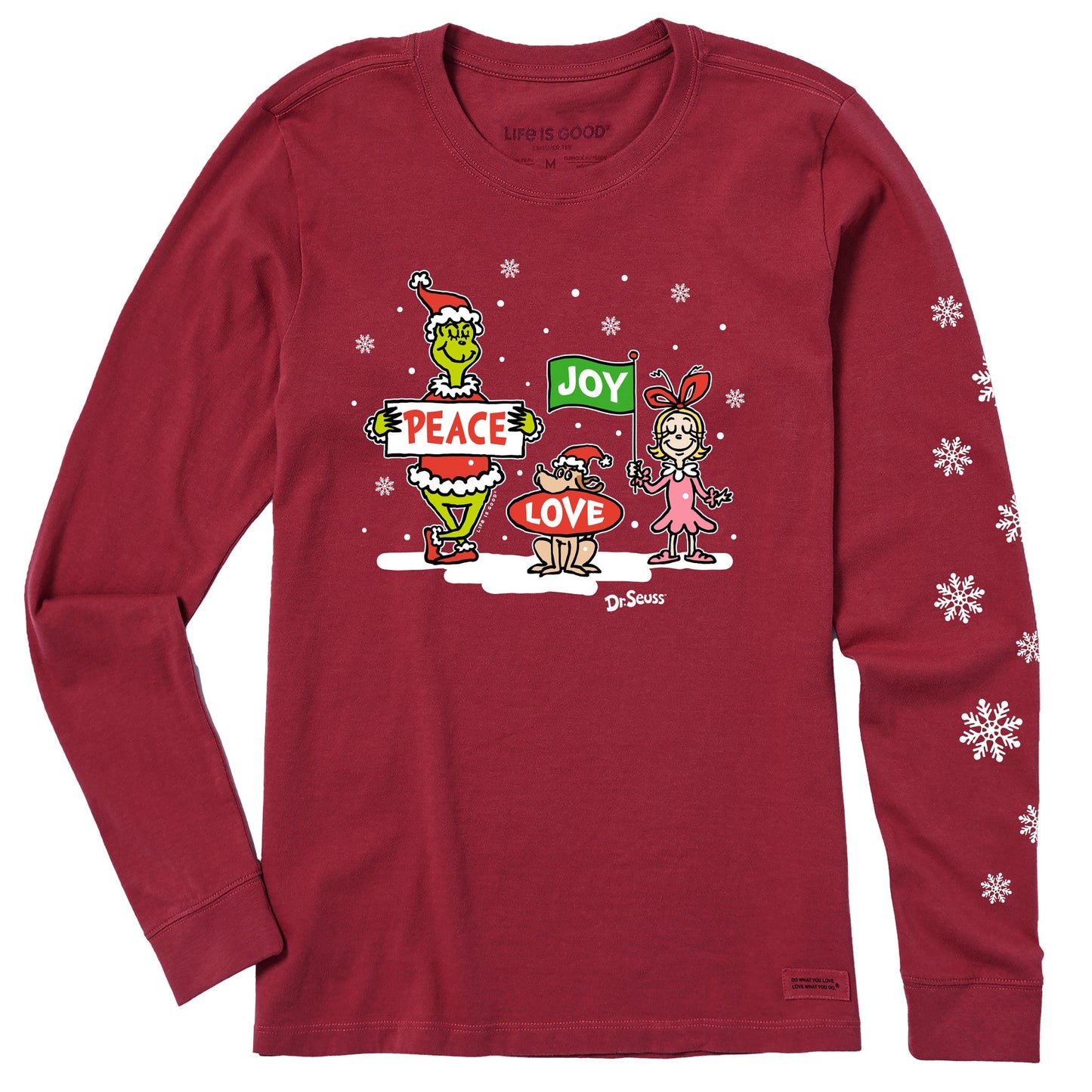 Women's Grinch Peace Love Joy Snow Long Sleeve Crusher Tee
