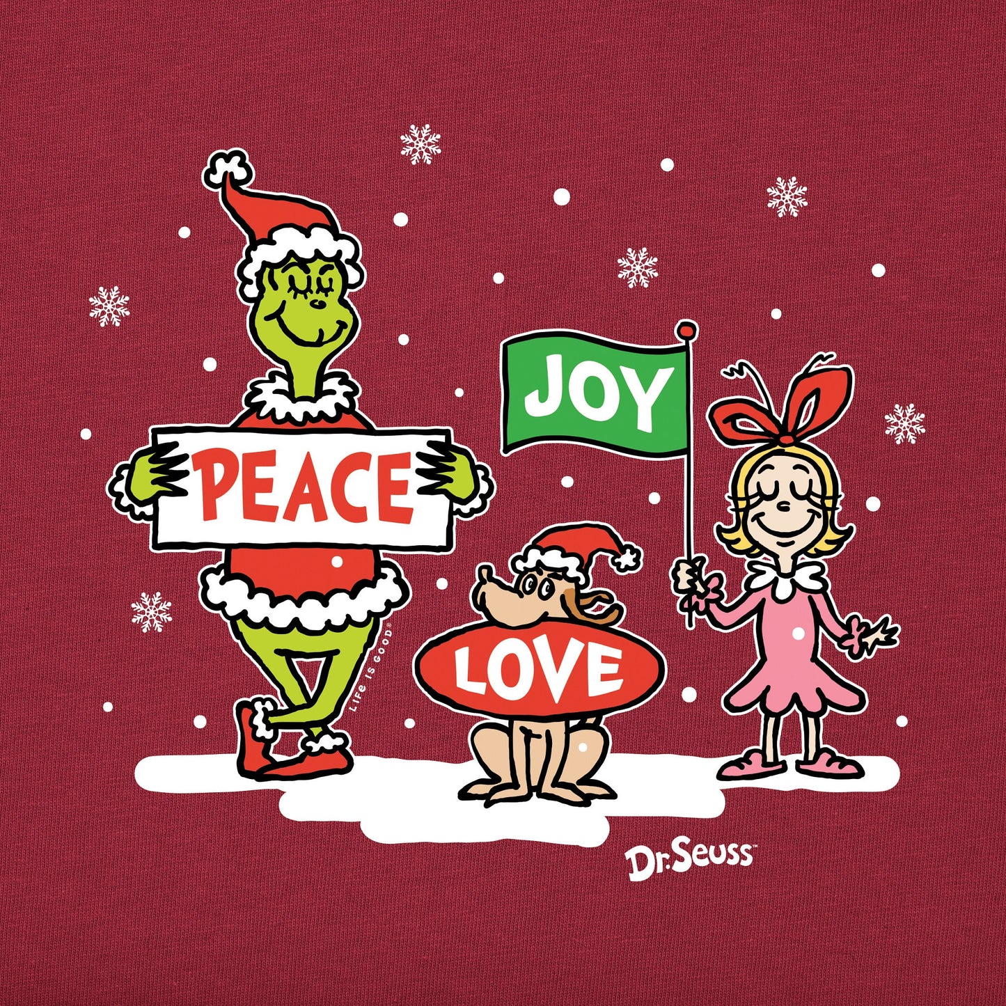 Women's Grinch Peace Love Joy Snow Long Sleeve Crusher Tee
