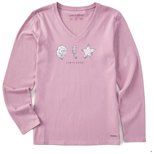 Women's Sea Life and Shells Long Sleeve Crusher Vee