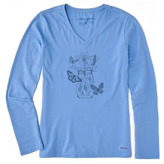 Women's Wildflower and Butterflies Jar Long Sleeve Crusher Vee