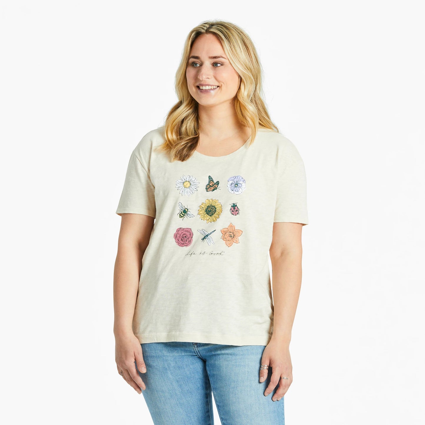 Women's Bugs and Flowers Grid Relaxed Fit Short Sleeve Slub Tee