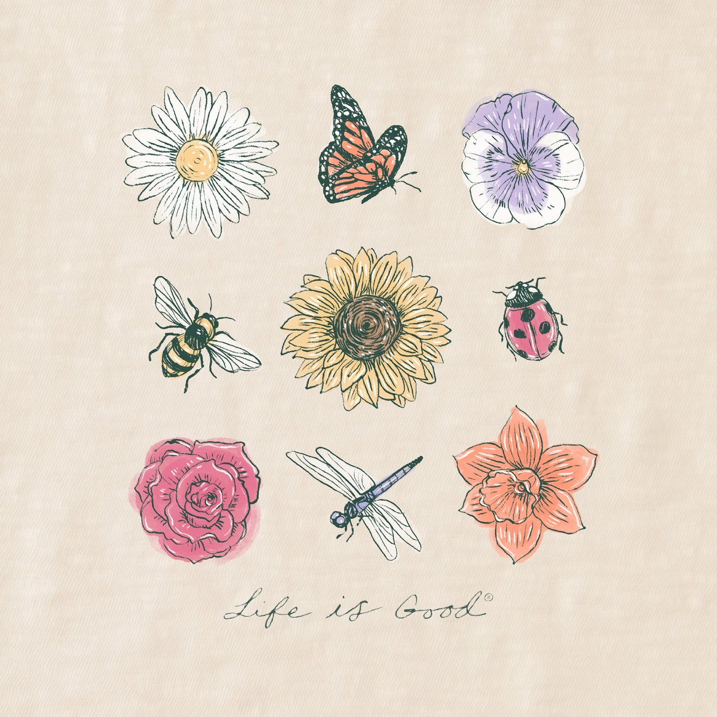 Women's Bugs and Flowers Grid Relaxed Fit Short Sleeve Slub Tee