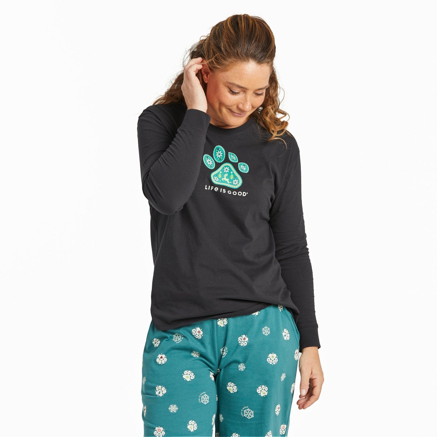 Women's Holiday Paw Long Sleeve Snuggle Up Relaxed Sleep Tee