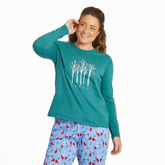 Women's Peaceful Cardinal Forest Long Sleeve Snuggle Up Relaxed Sleep Tee