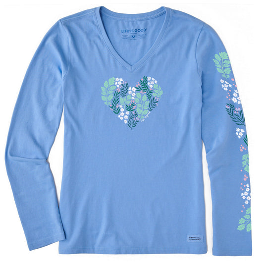 Women's Winter Flowers Heart Long Sleeve Crusher Vee