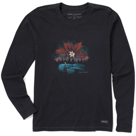 Women's Poinsettia Christmas Macro Long Sleeve Crusher Tee