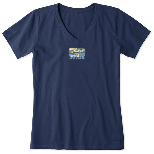 Women's Retro Sunset Scene Short Sleeve Vee